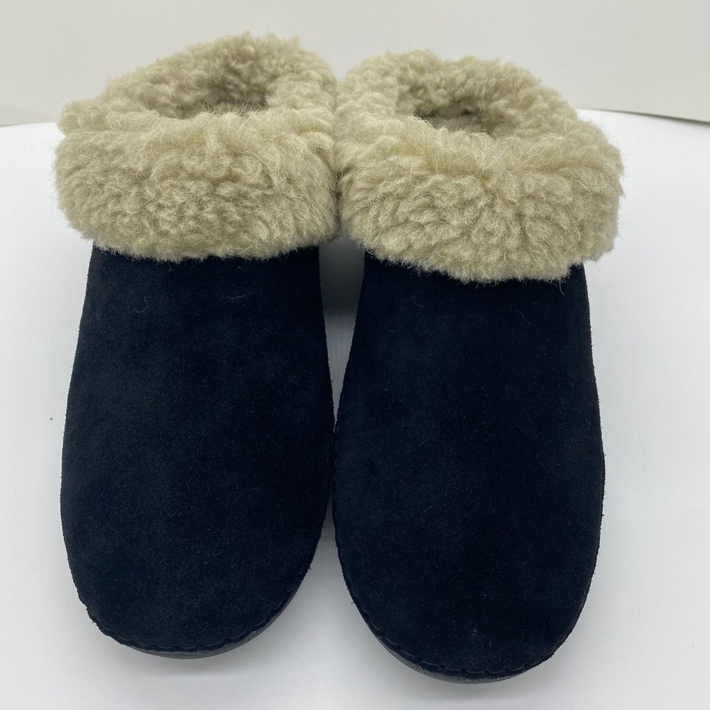 Fitflop Women's Loaff Snug Slipper Size 9 Black Suede Faux Fur Collar Comfy Shoe